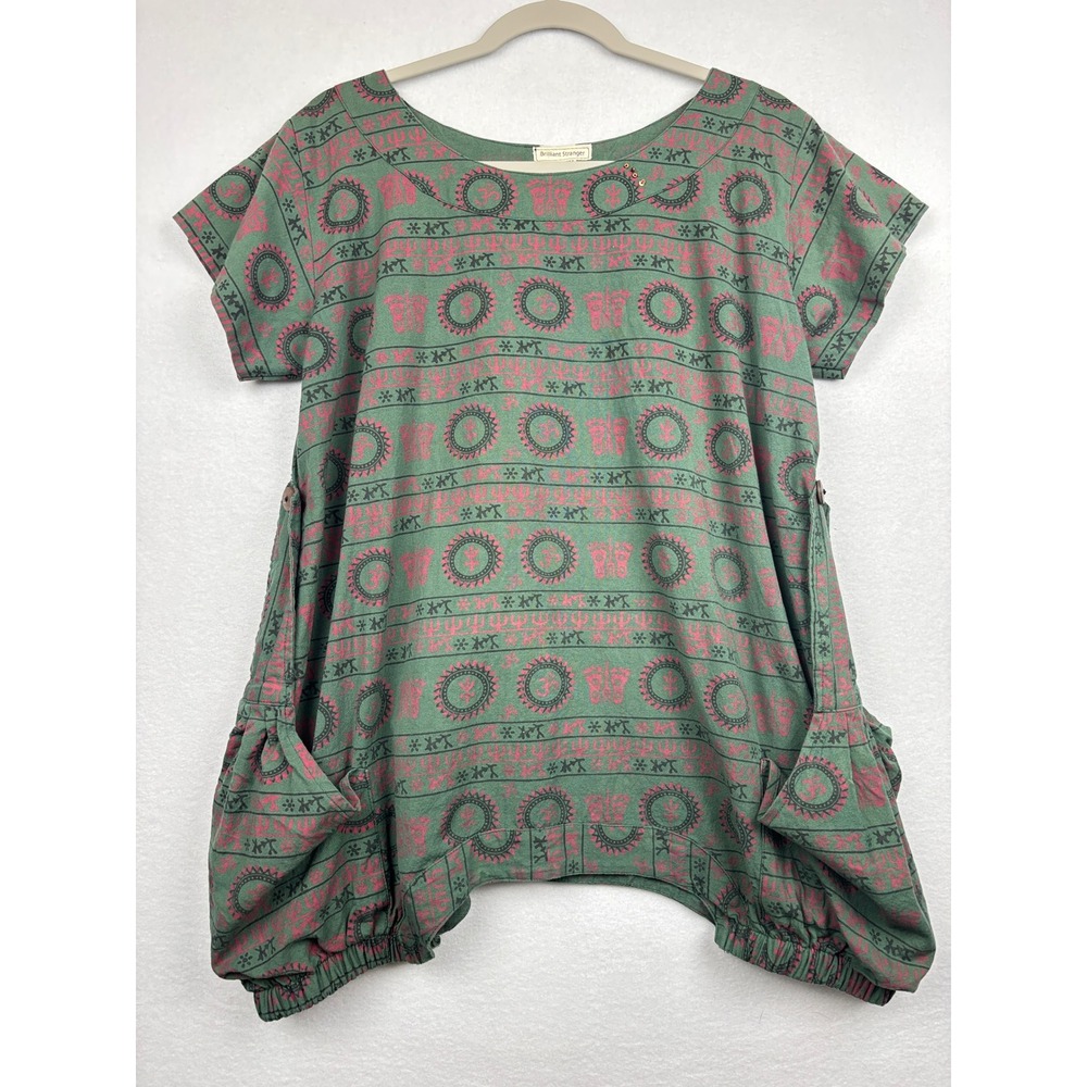 Brilliant Stranger Tunic Womens Large Cotton Hand Block Print Pocket Boho Top